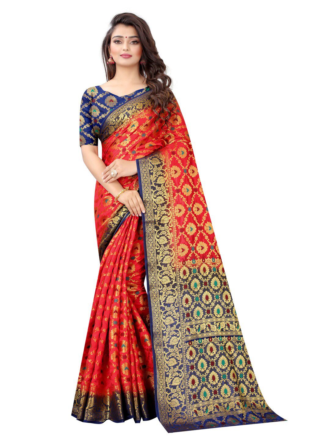 PERFECT WEAR Red & Golden Ethnic Motifs Silk Cotton Banarasi Saree Price in India
