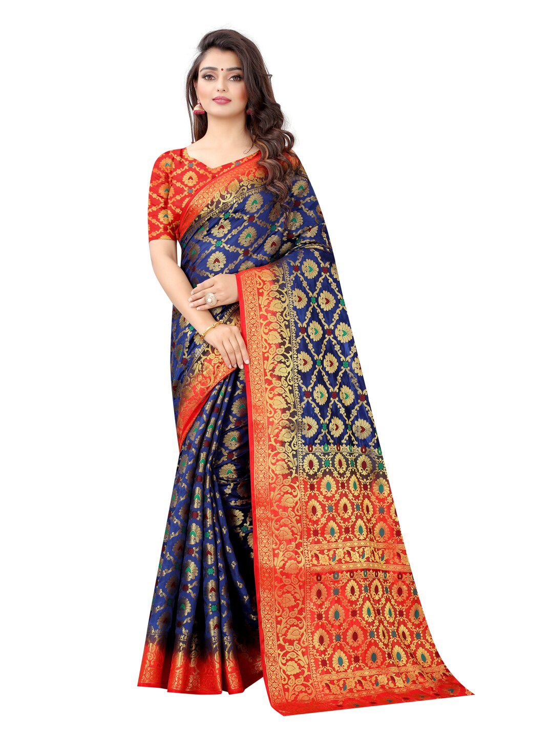 PERFECT WEAR Blue & Red Woven Design Zari Silk Cotton Banarasi Saree Price in India