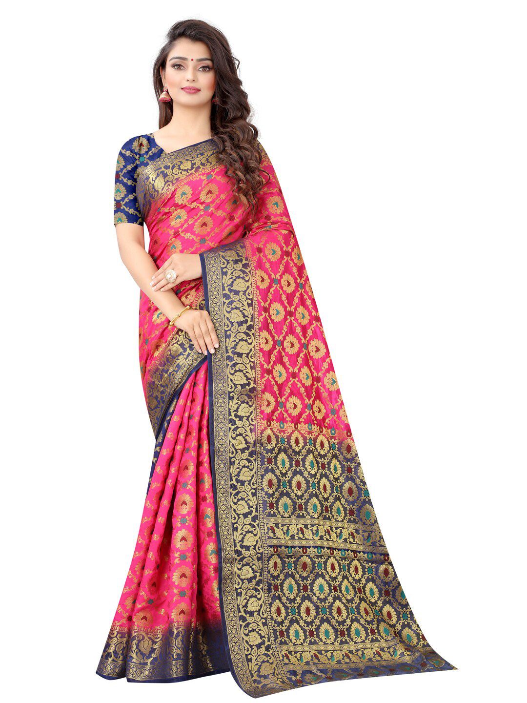 PERFECT WEAR Pink & Navy Blue Woven Design Zari Silk Cotton Banarasi Saree Price in India
