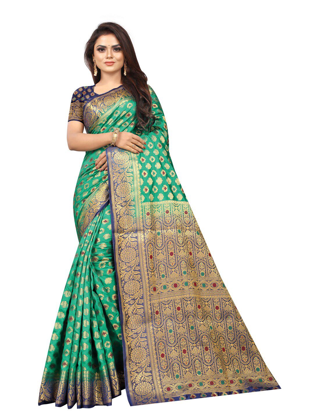 PERFECT WEAR Navy Blue & Green Woven Design Zari Silk Cotton Banarasi Saree Price in India