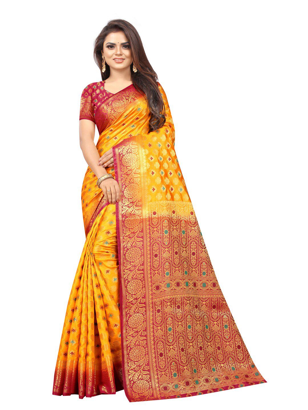 PERFECT WEAR Yellow & Red Woven Design Silk Cotton Saree Price in India