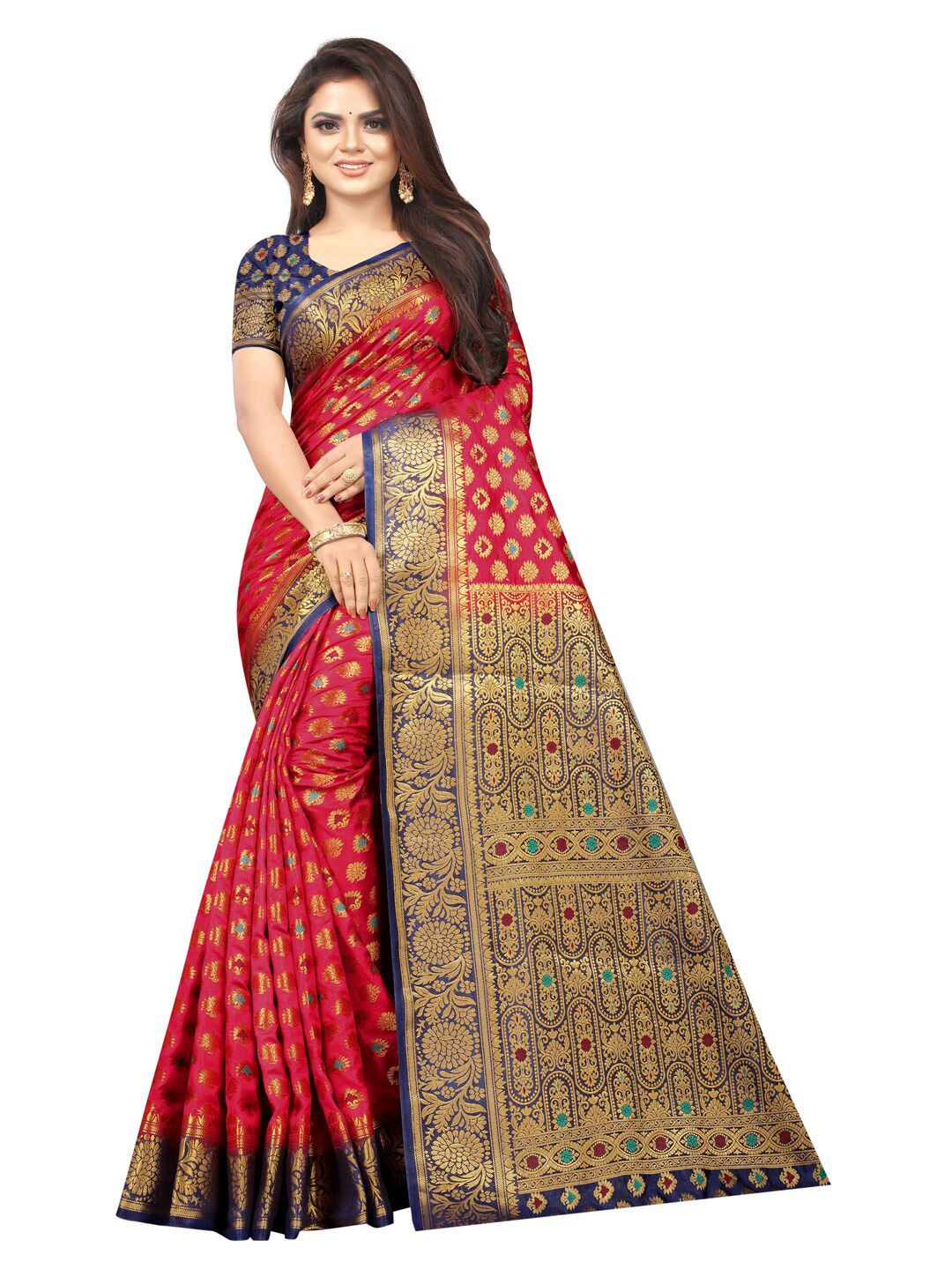 PERFECT WEAR Red & Navy Blue Ethnic Motifs Zari Silk Cotton Banarasi Saree Price in India