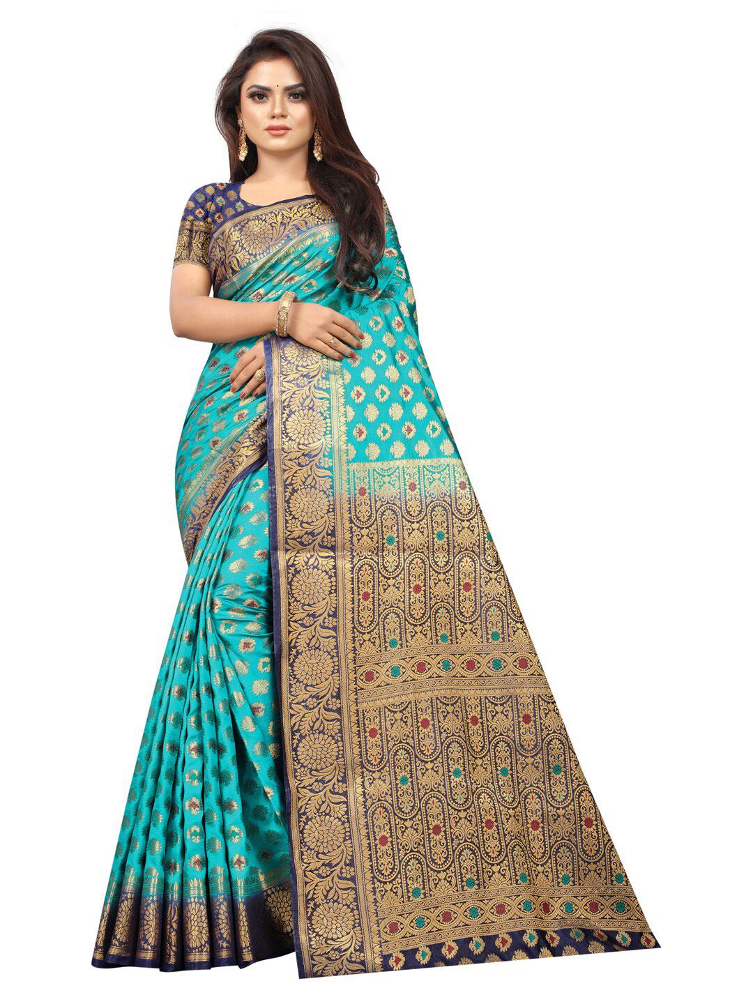 PERFECT WEAR Blue & Navy Blue Ethnic Motifs Zari Silk Cotton Banarasi Saree Price in India