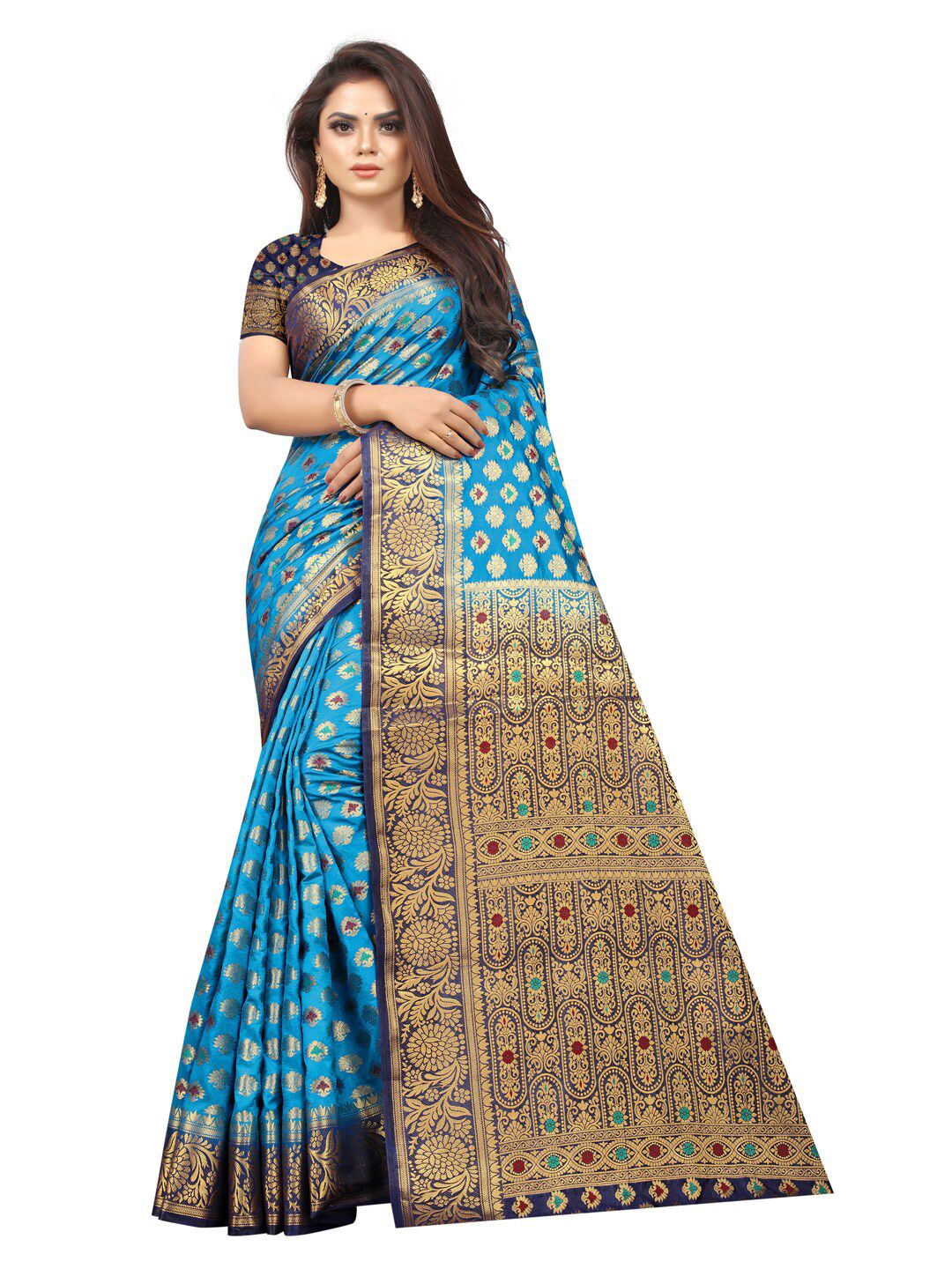 PERFECT WEAR Turquoise Blue & Navy Blue Woven Design Zari Silk Cotton Banarasi Saree Price in India