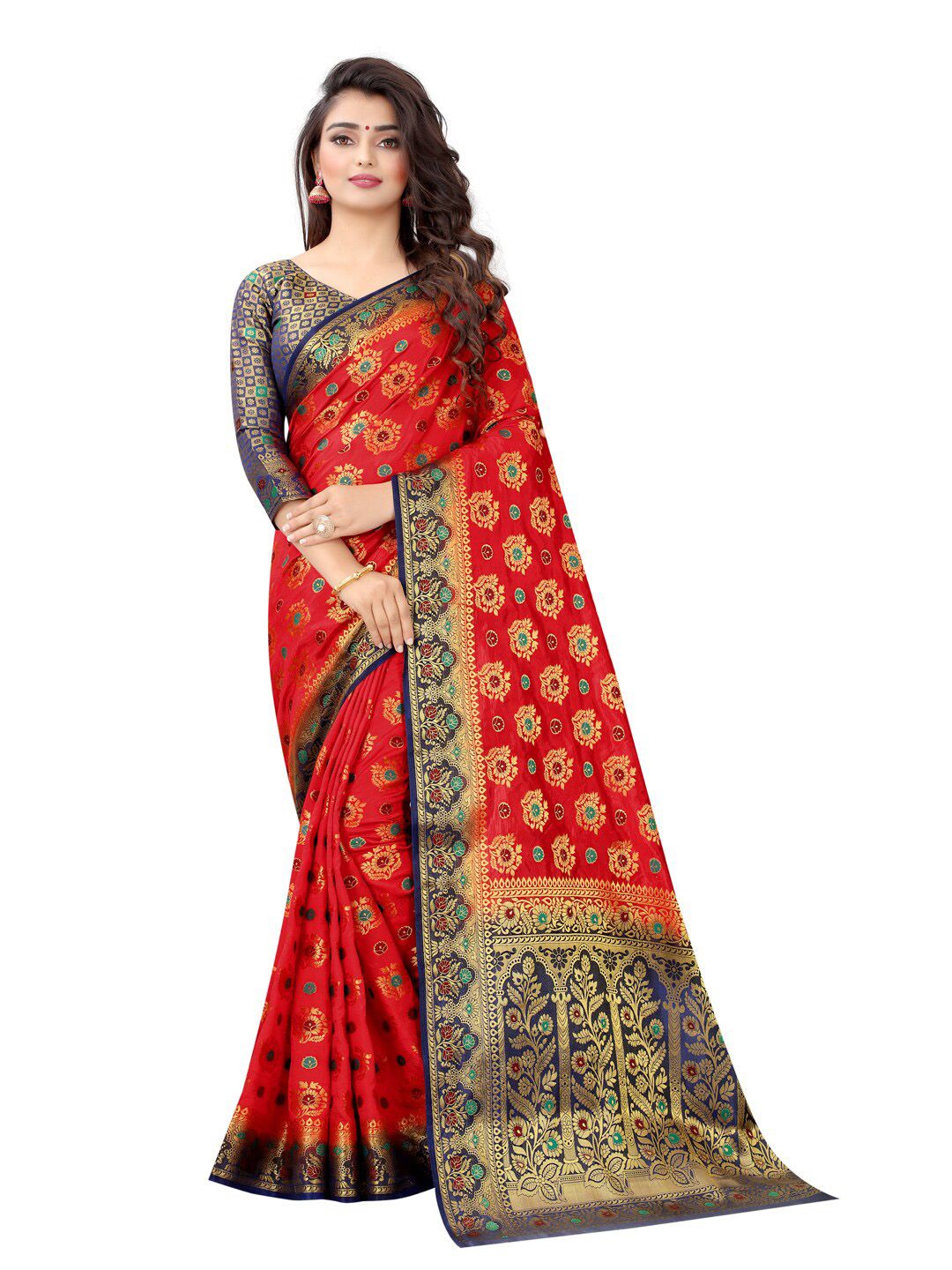 PERFECT WEAR Red & Golden Ethnic Motifs Zari Silk Cotton Banarasi Saree Price in India
