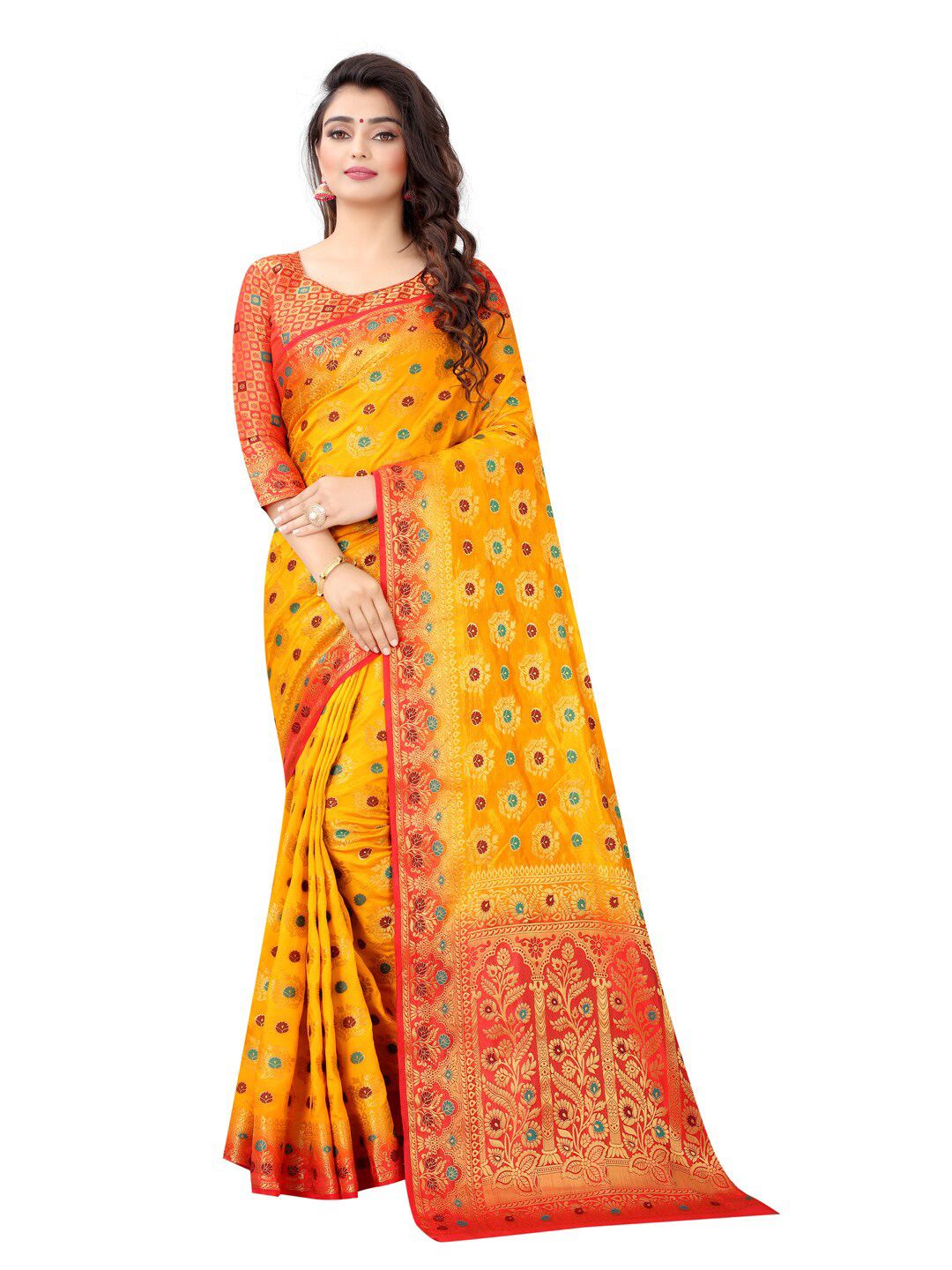 PERFECT WEAR Yellow & Red Floral Zari Silk Cotton Banarasi Saree Price in India