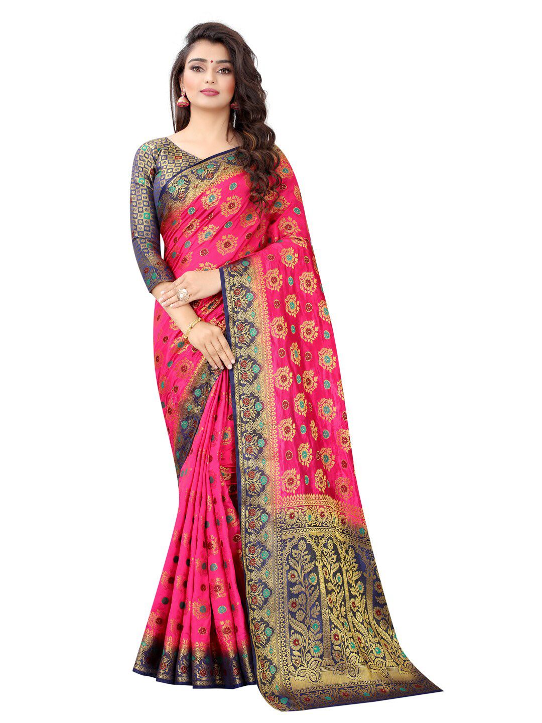 PERFECT WEAR Navy Blue & Pink Woven Design Banarasi Saree Price in India