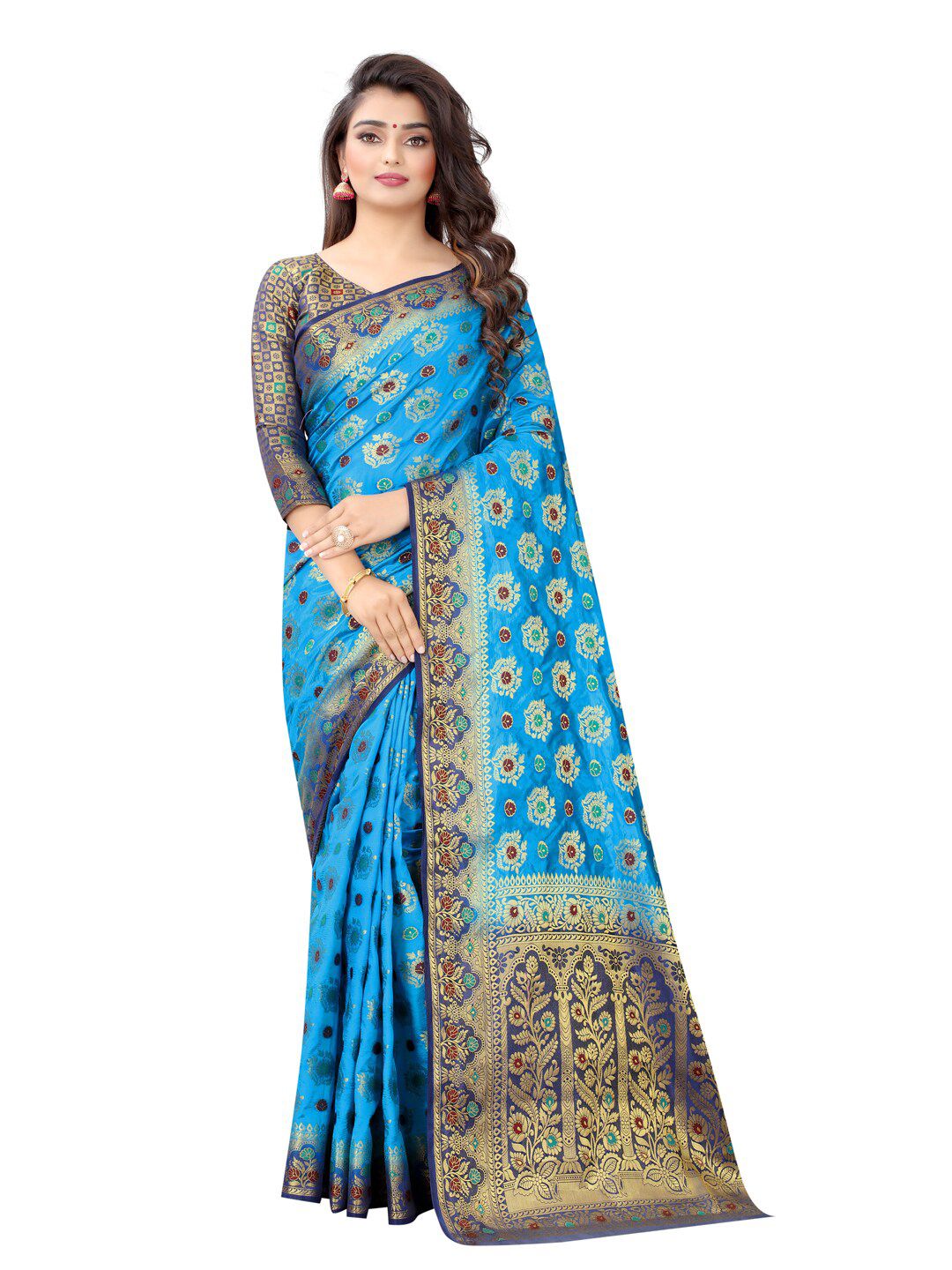 PERFECT WEAR Turquoise Blue & Navy Blue Woven Design Zari Silk Cotton Banarasi Saree Price in India