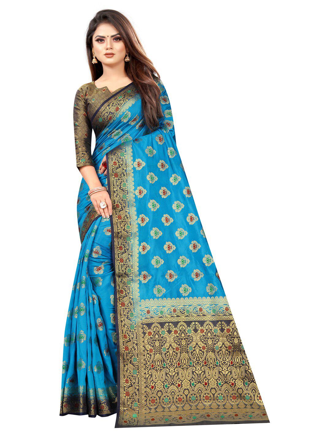 PERFECT WEAR Turquoise Blue & Navy Blue Ethnic Motifs Zari Silk Cotton Banarasi Saree Price in India