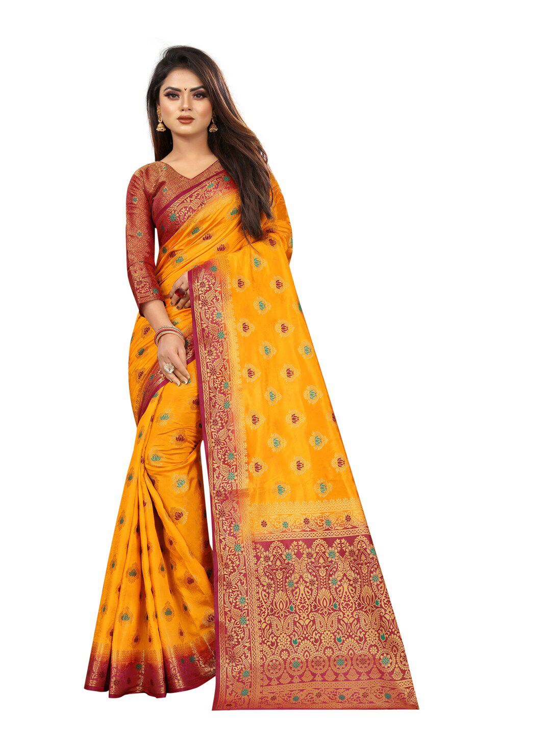 PERFECT WEAR Yellow & Red Ethnic Motifs Silk Cotton Banarasi Saree Price in India