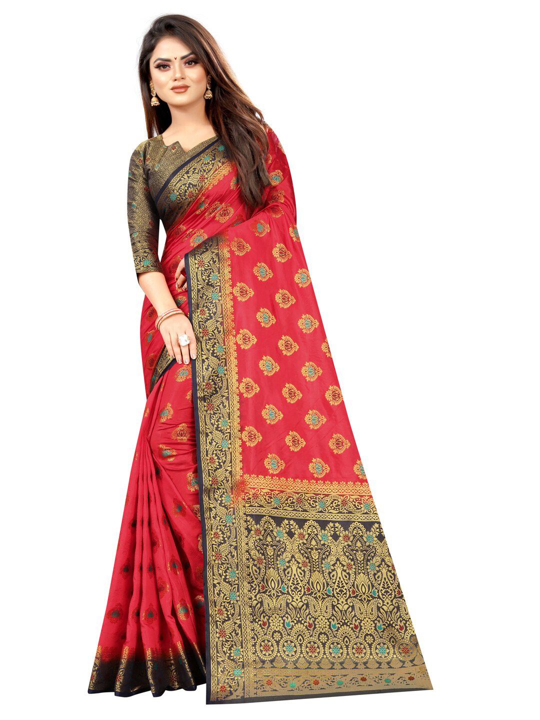 PERFECT WEAR Red & Navy Blue Woven Design Silk Cotton Saree Price in India