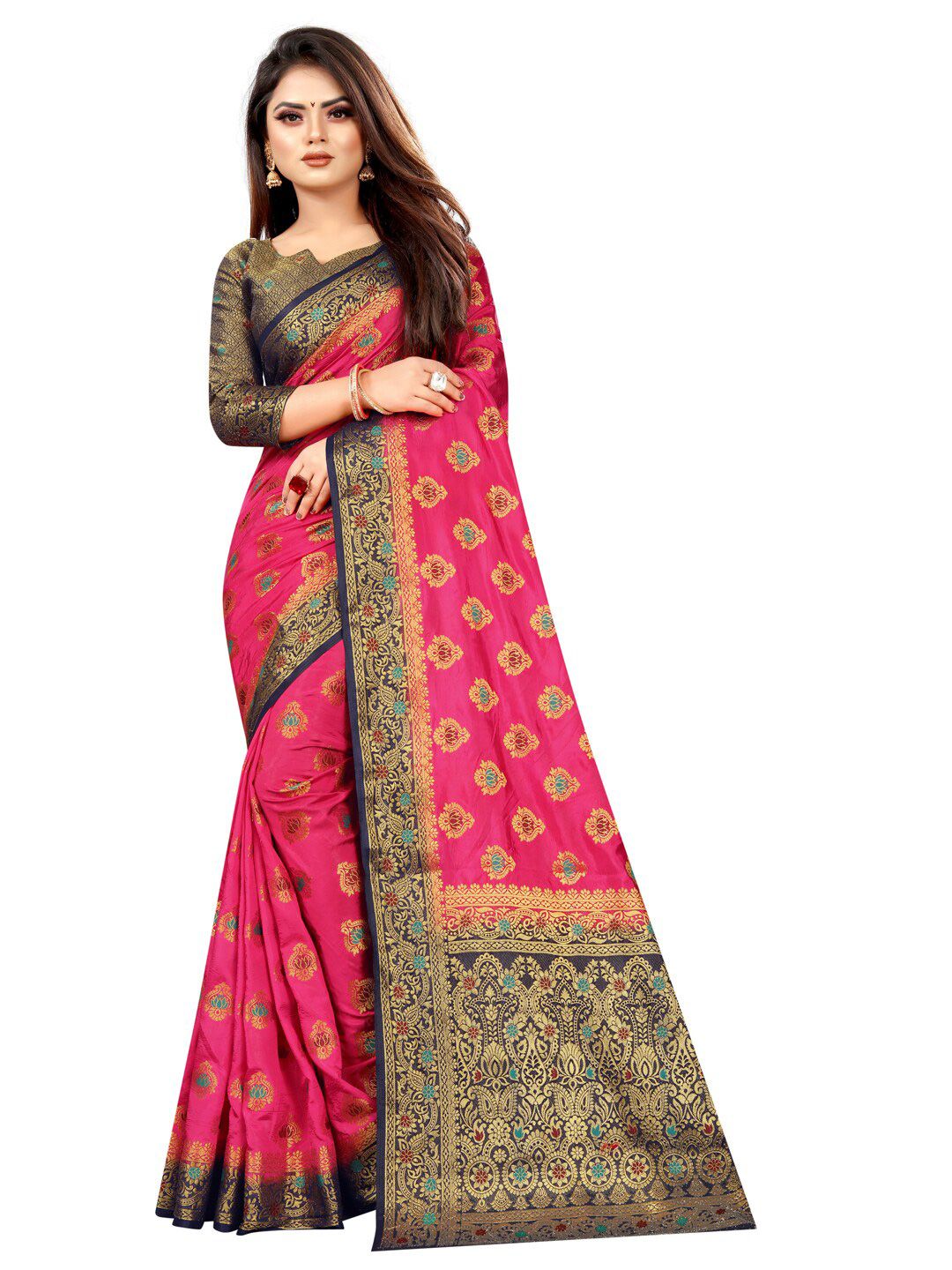 PERFECT WEAR Fuchsia & Navy Blue Woven Design Zari Silk Cotton Banarasi Saree Price in India