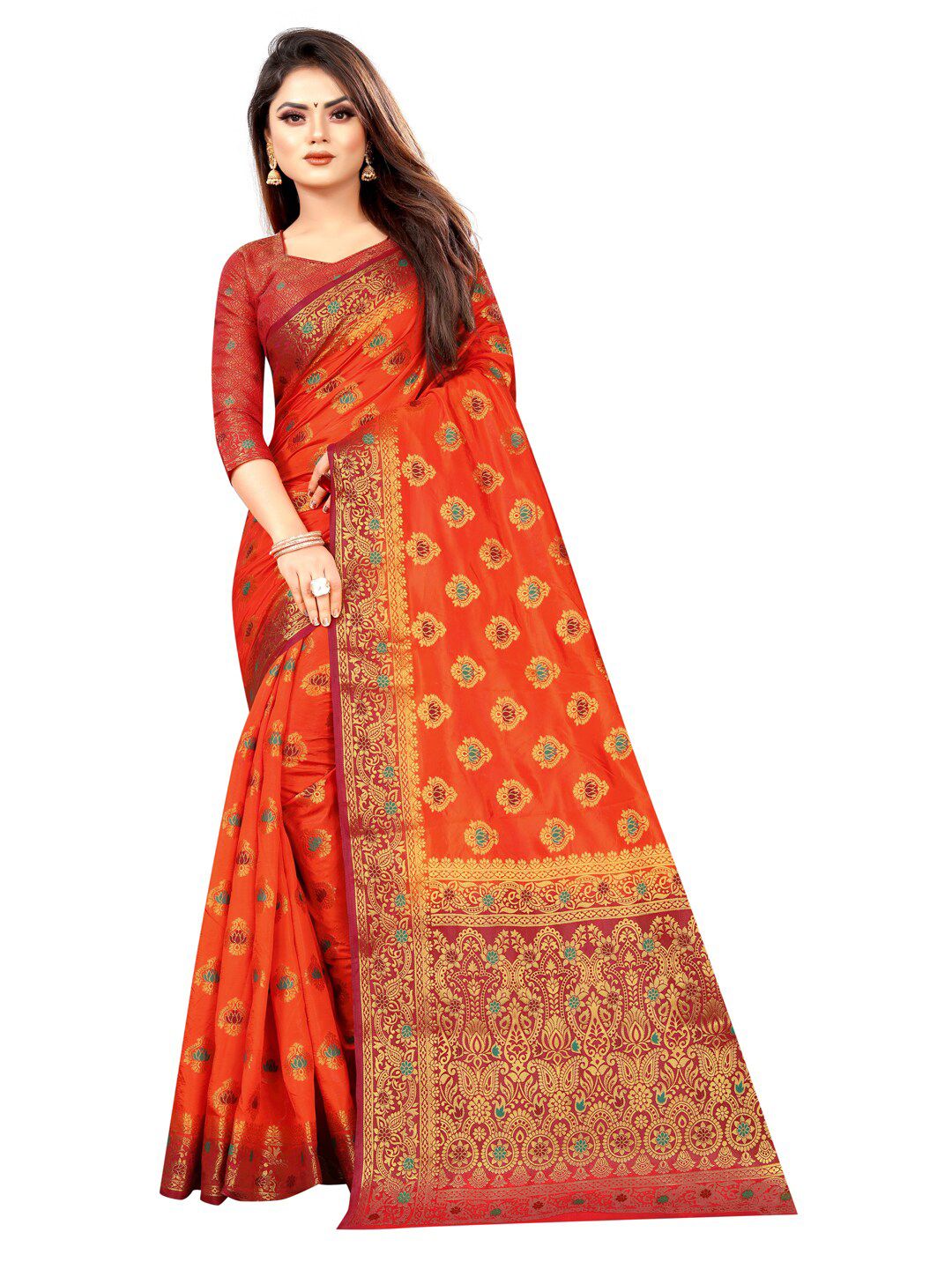 PERFECT WEAR Orange & Red Woven Design Banarasi Saree Price in India
