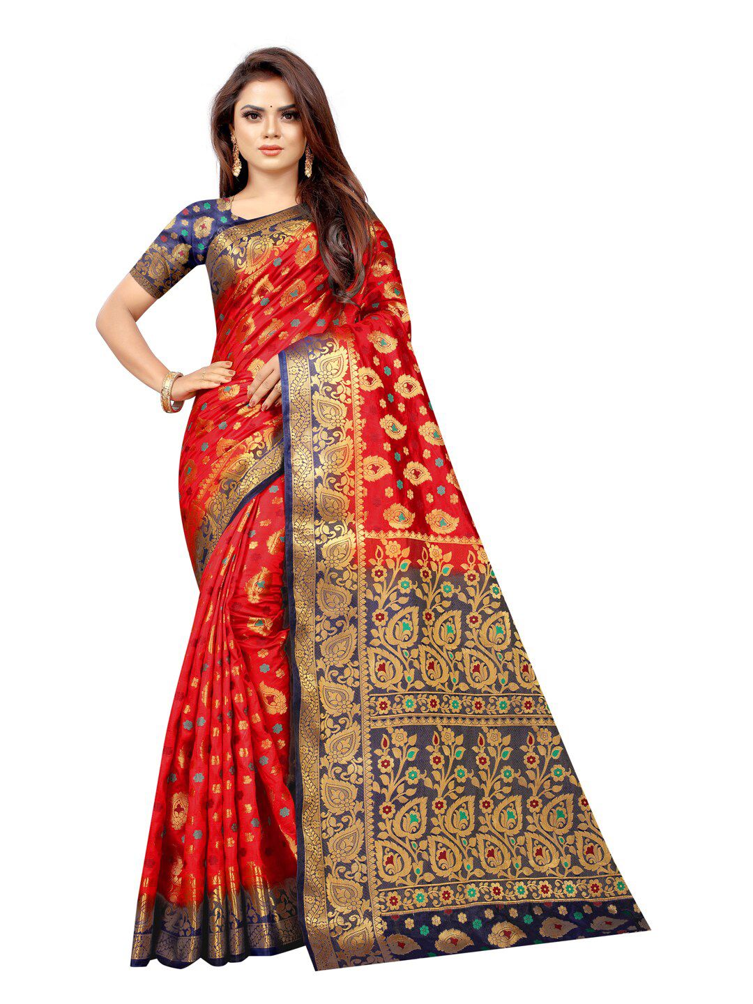 PERFECT WEAR Red & Navy Blue Woven Design Zari Silk Cotton Banarasi Saree Price in India
