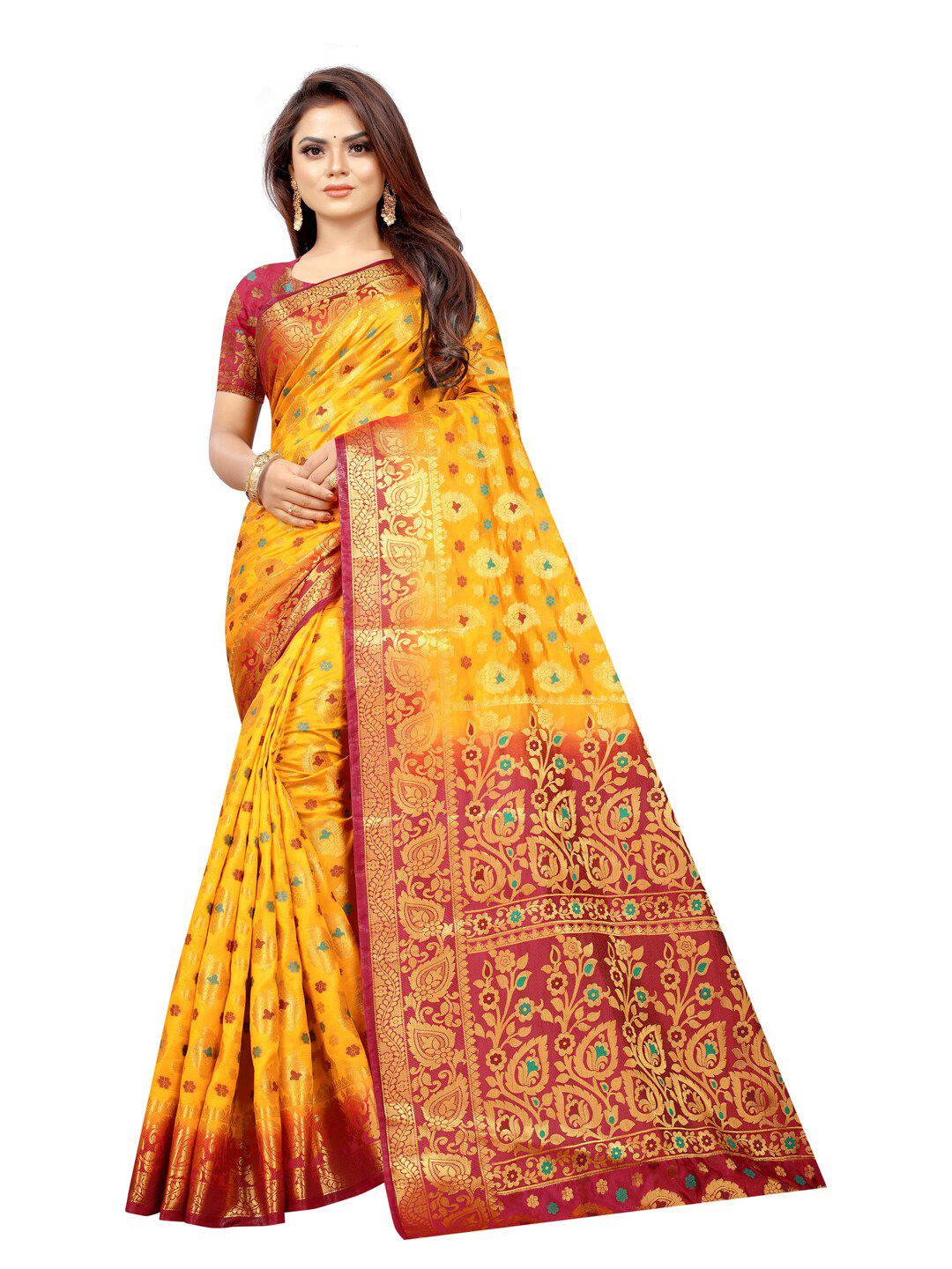PERFECT WEAR Yellow & Red Ethnic Motifs Zari Silk Cotton Banarasi Saree Price in India