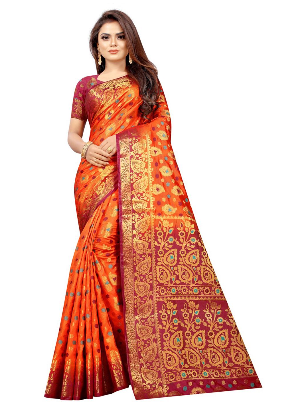 PERFECT WEAR Rust & Maroon Floral Zari Silk Cotton Banarasi Saree Price in India