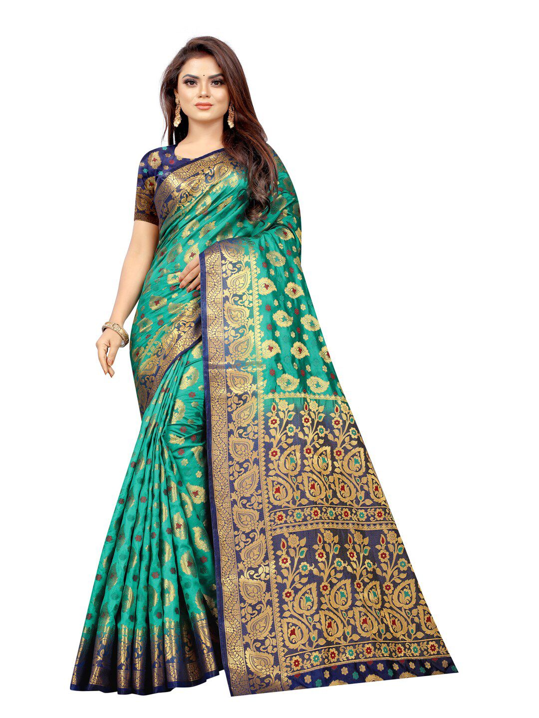 PERFECT WEAR Green & Navy Blue Ethnic Motifs Zari Banarasi Saree Price in India