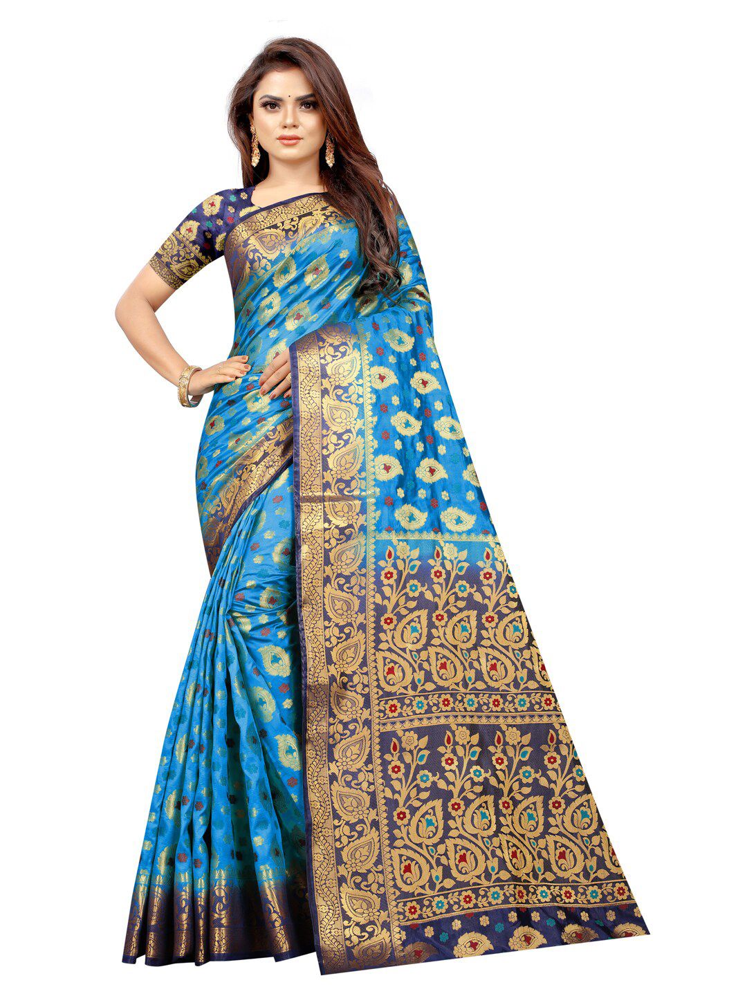 PERFECT WEAR Turquoise Blue & Gold-Toned Woven Design Zari Silk Cotton Banarasi Saree Price in India