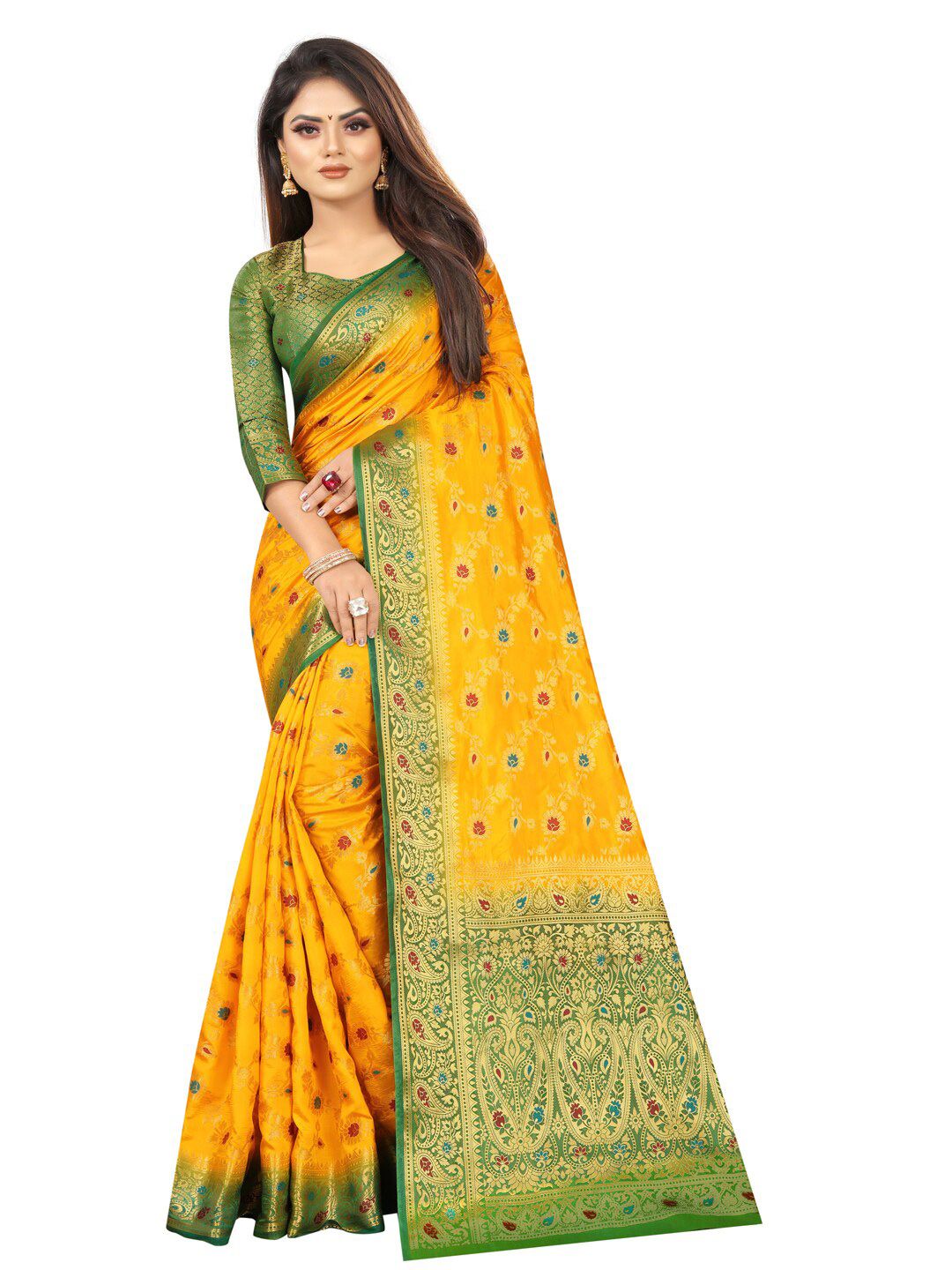 PERFECT WEAR Yellow & Green Woven Design Zari Silk Cotton Banarasi Saree Price in India
