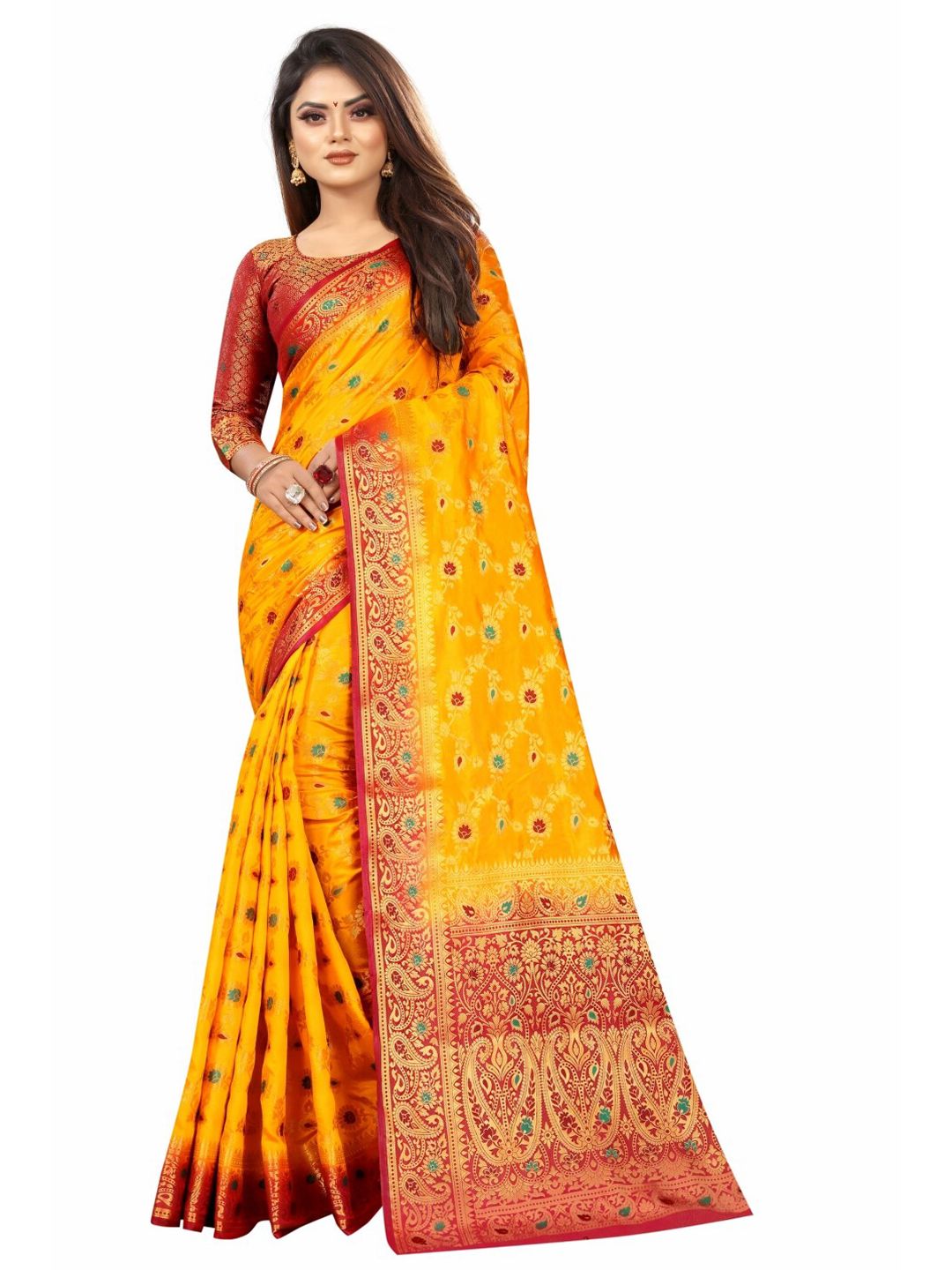 PERFECT WEAR Yellow & Red Ethnic Motifs Zari Banarasi Saree Price in India