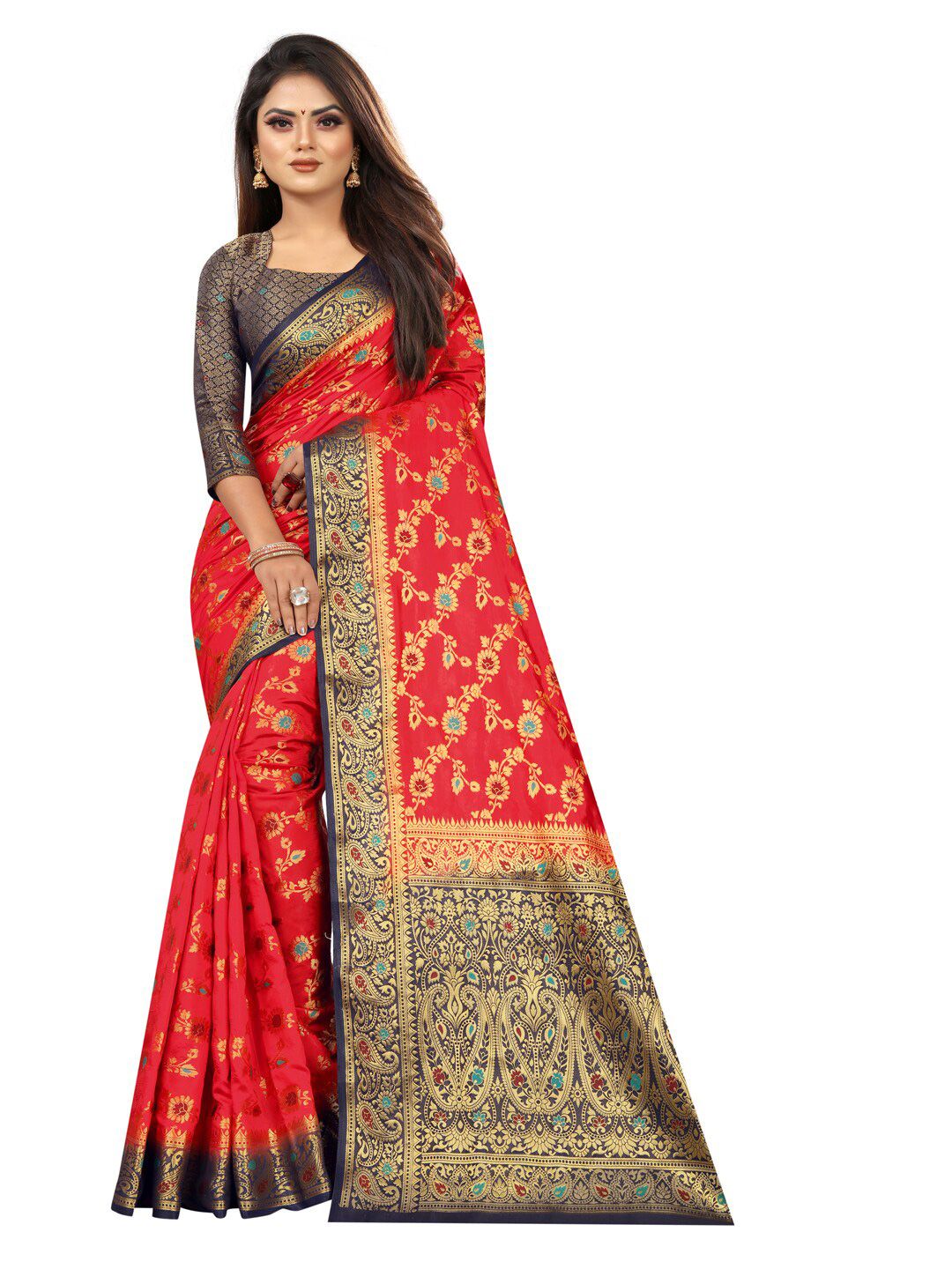 PERFECT WEAR Red & Navy Blue Woven Design Zari Silk Cotton Banarasi Saree Price in India