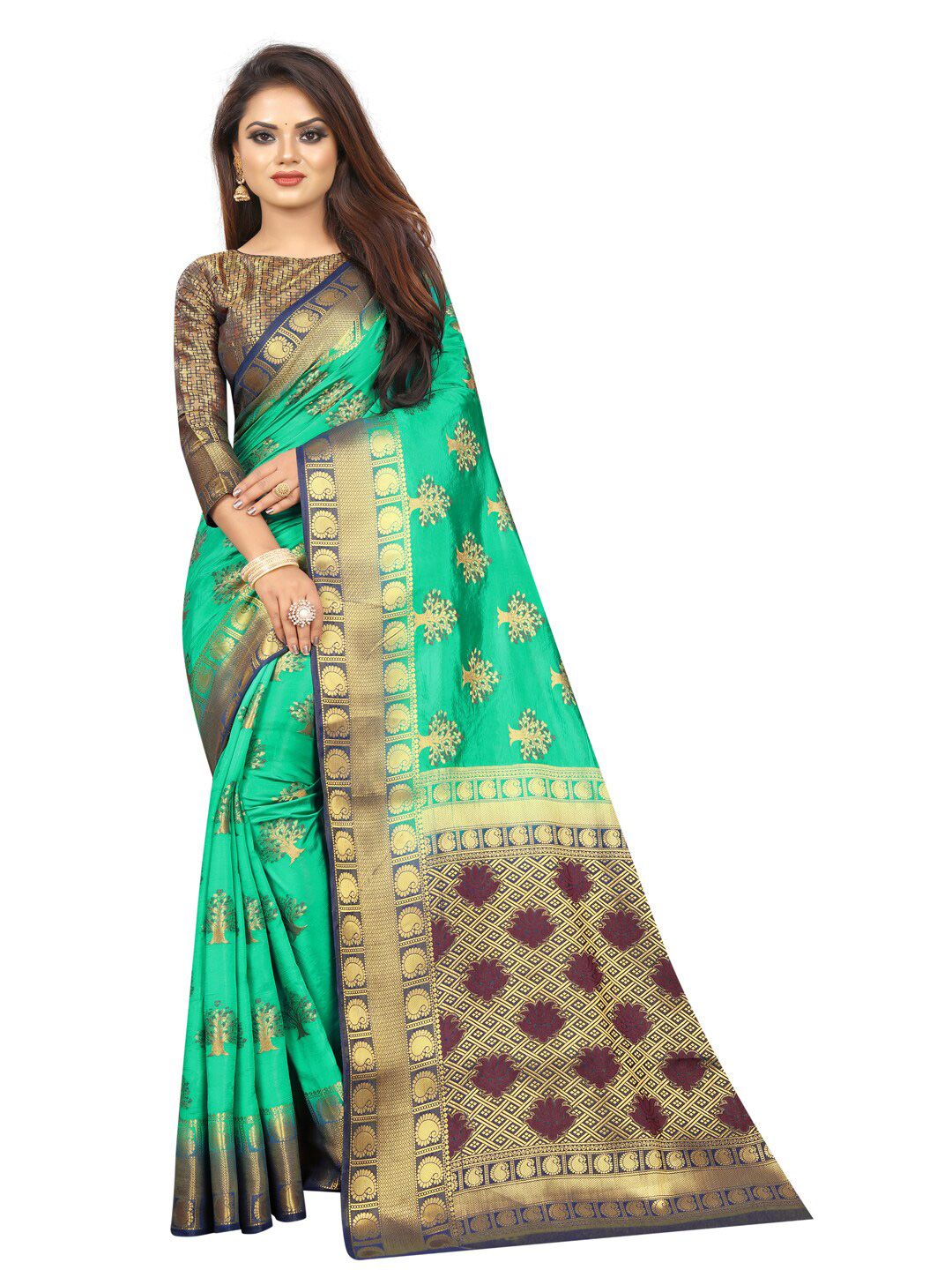 PERFECT WEAR Green & Navy Blue Woven Design Zari Silk Cotton Banarasi Saree Price in India