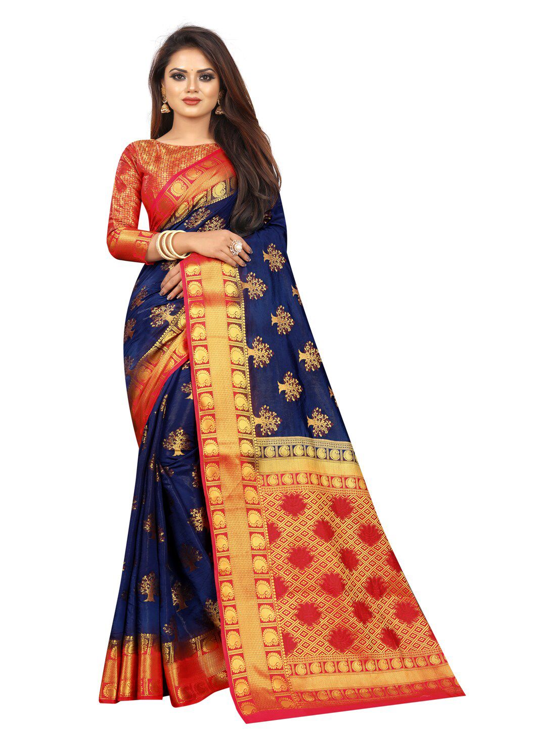 PERFECT WEAR Navy Blue & Red Woven Design Zari Silk Cotton Banarasi Saree Price in India
