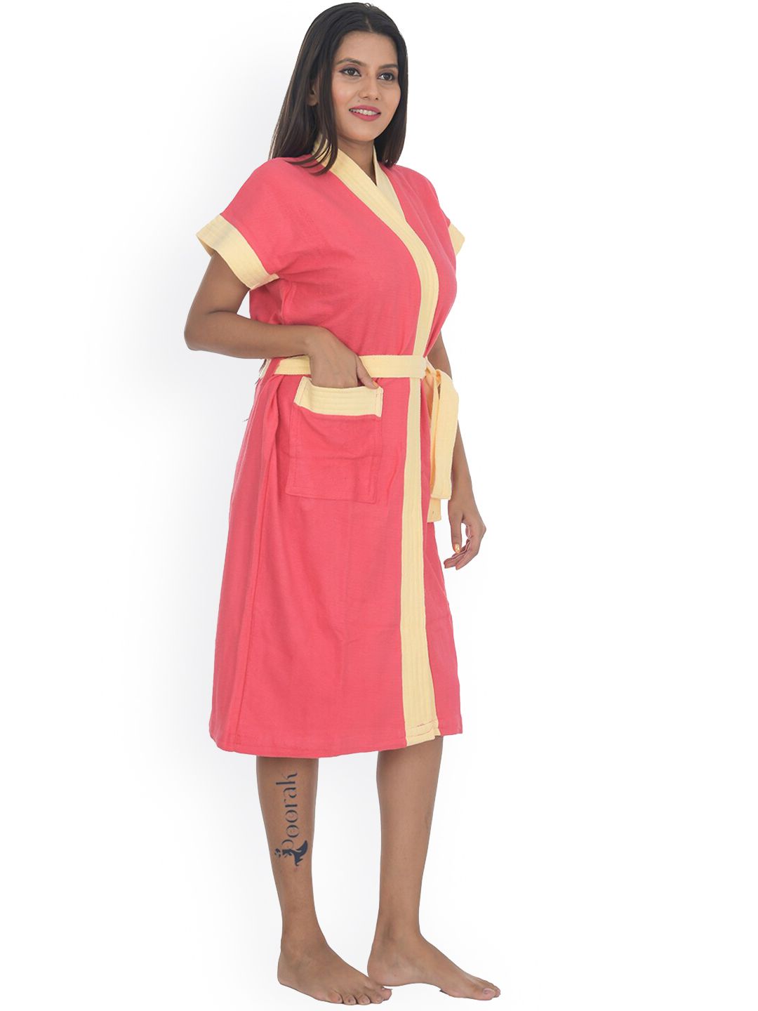 POORAK Women Yellow Strip Pink-Colored Half Sleeves Soft Terry Cotton Bath Robe Price in India