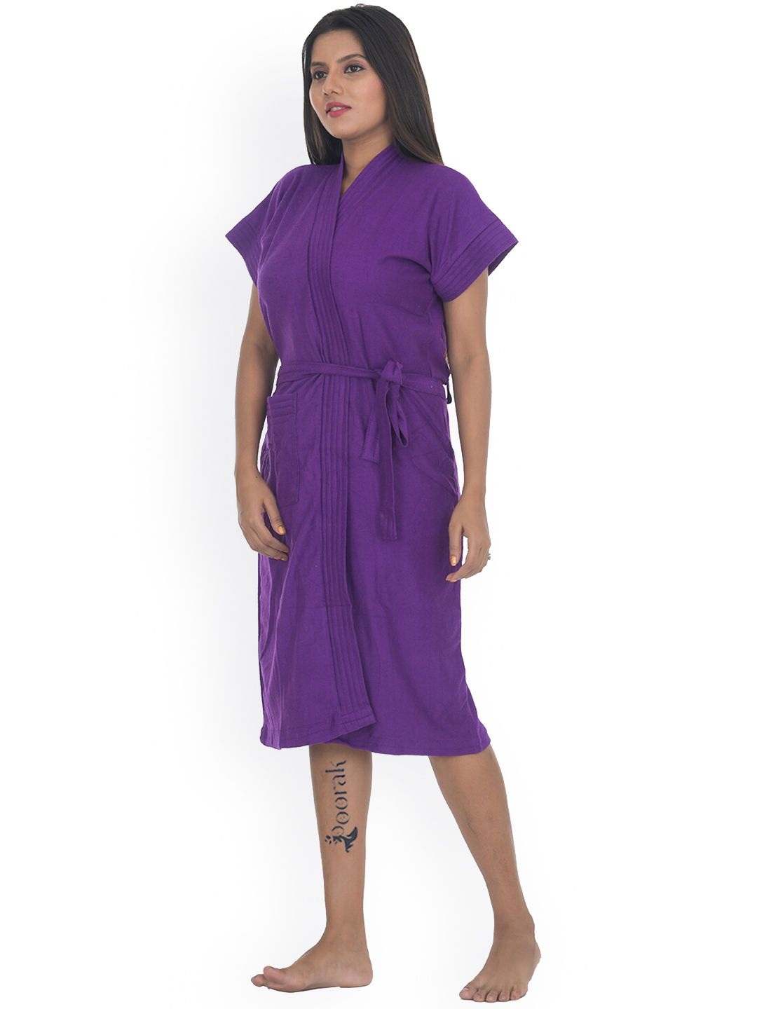 POORAK Women Purple Solid Cotton Bath Robe Price in India