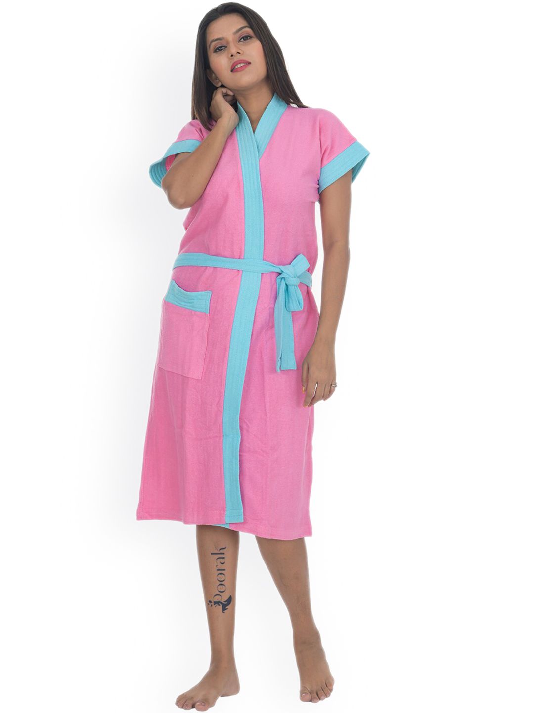 POORAK Women Pink & Blue Solid Bath Robe Price in India
