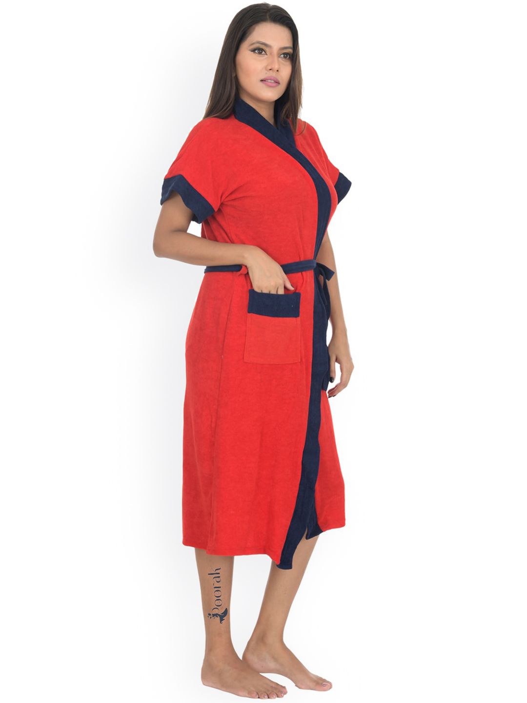 POORAK Women Red & Black Solid Bath Robe Price in India