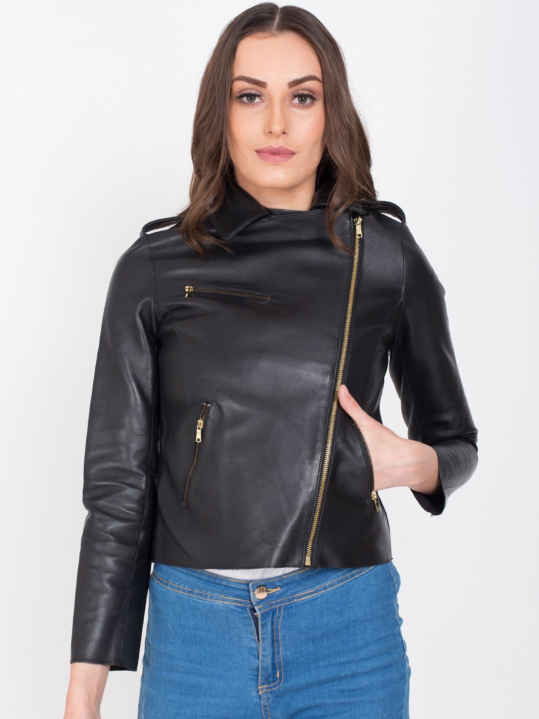 Justanned Women Black Leather Lightweight Crop Outdoor Biker Jacket Price in India