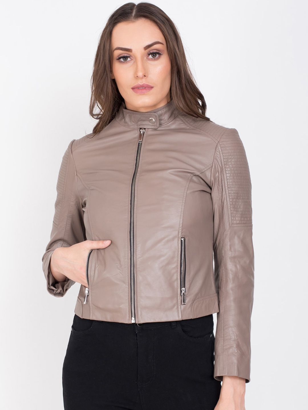 Justanned Women Beige Leather Lightweight Outdoor Biker Jacket Price in India