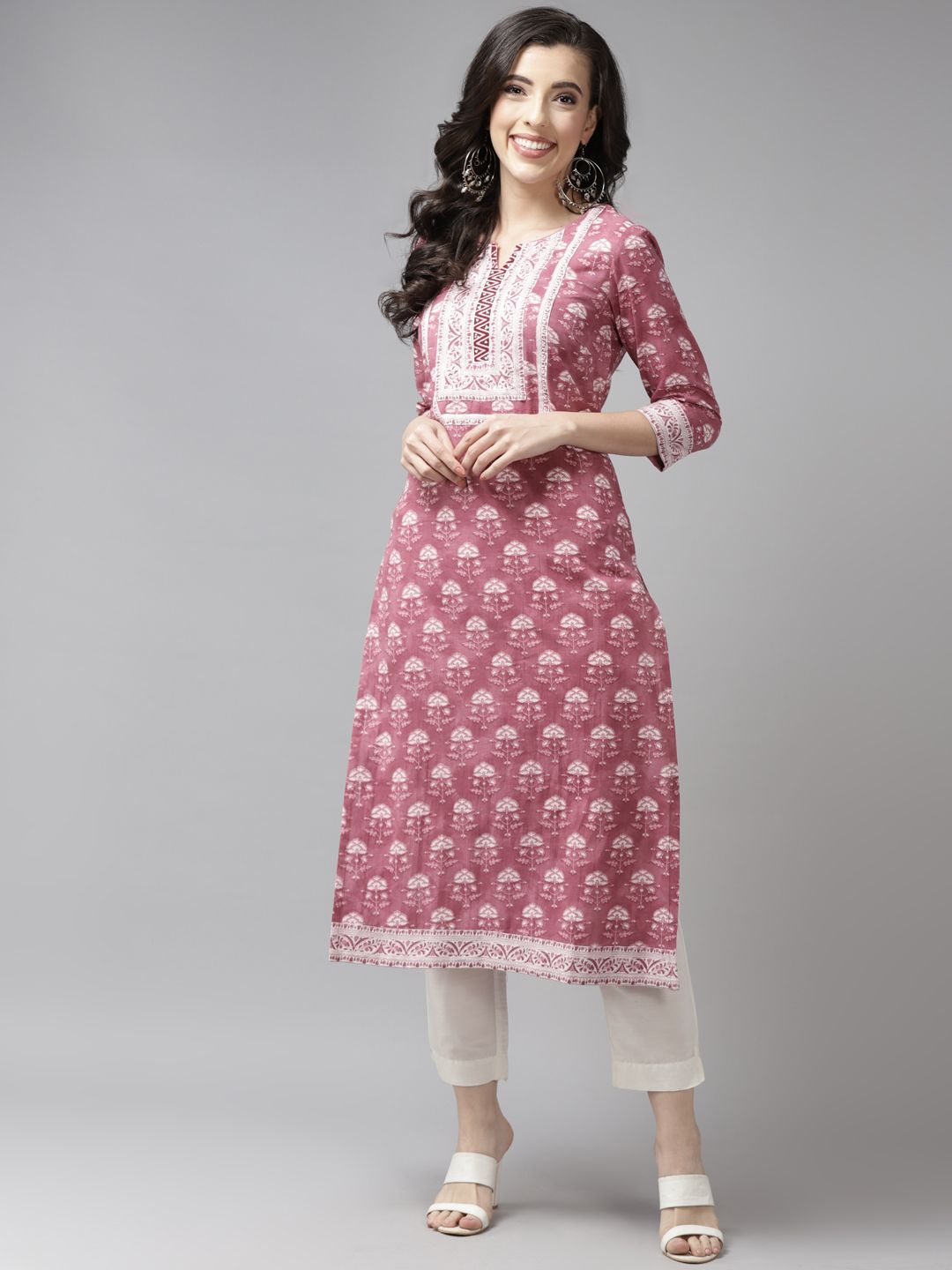 Rain & Rainbow Women Rust Red & White Pure Cotton Ethnic Motifs Printed Kurta Price in India