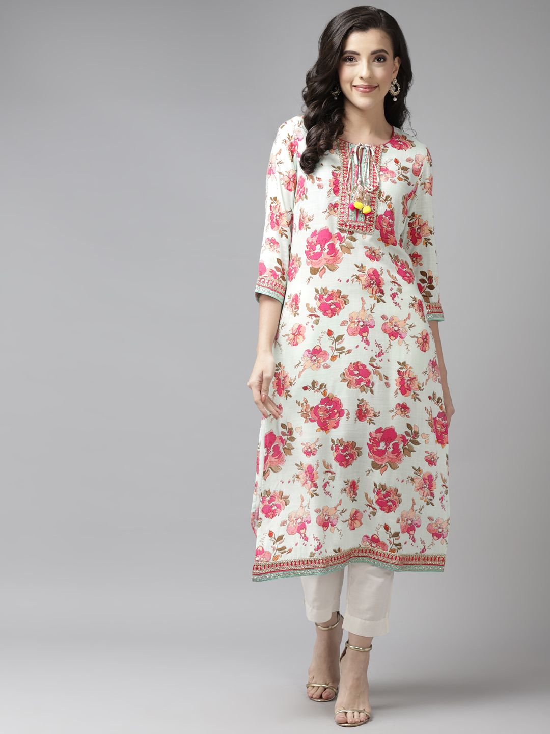 Rain & Rainbow Women White & Pink Floral Printed Gotta Patti Kurta Price in India