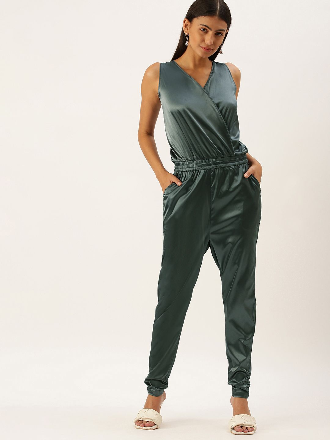 FOREVER 21 Green Satin Basic Jumpsuit Price in India