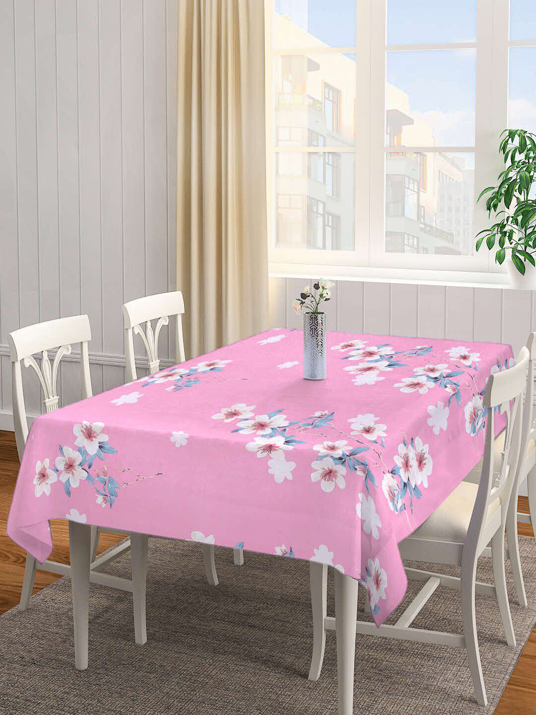 Arrabi Pink & White Floral Printed 8-Seater Rectangle Cotton Table Cover Price in India