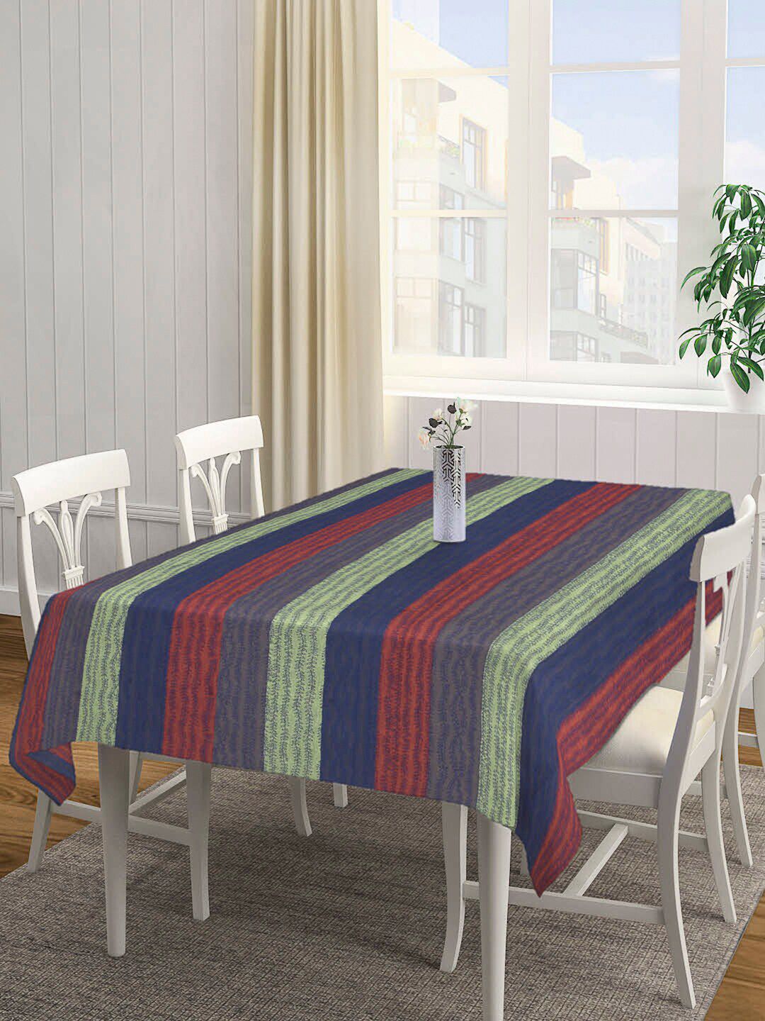 Arrabi Green and Blue Striped Hand Woven  8-Seater Rectangle Table Cover Price in India