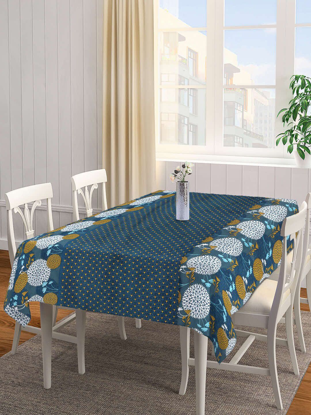 Arrabi Blue & Yellow Printed 8-Seater Rectangle Cotton Table Cover Price in India