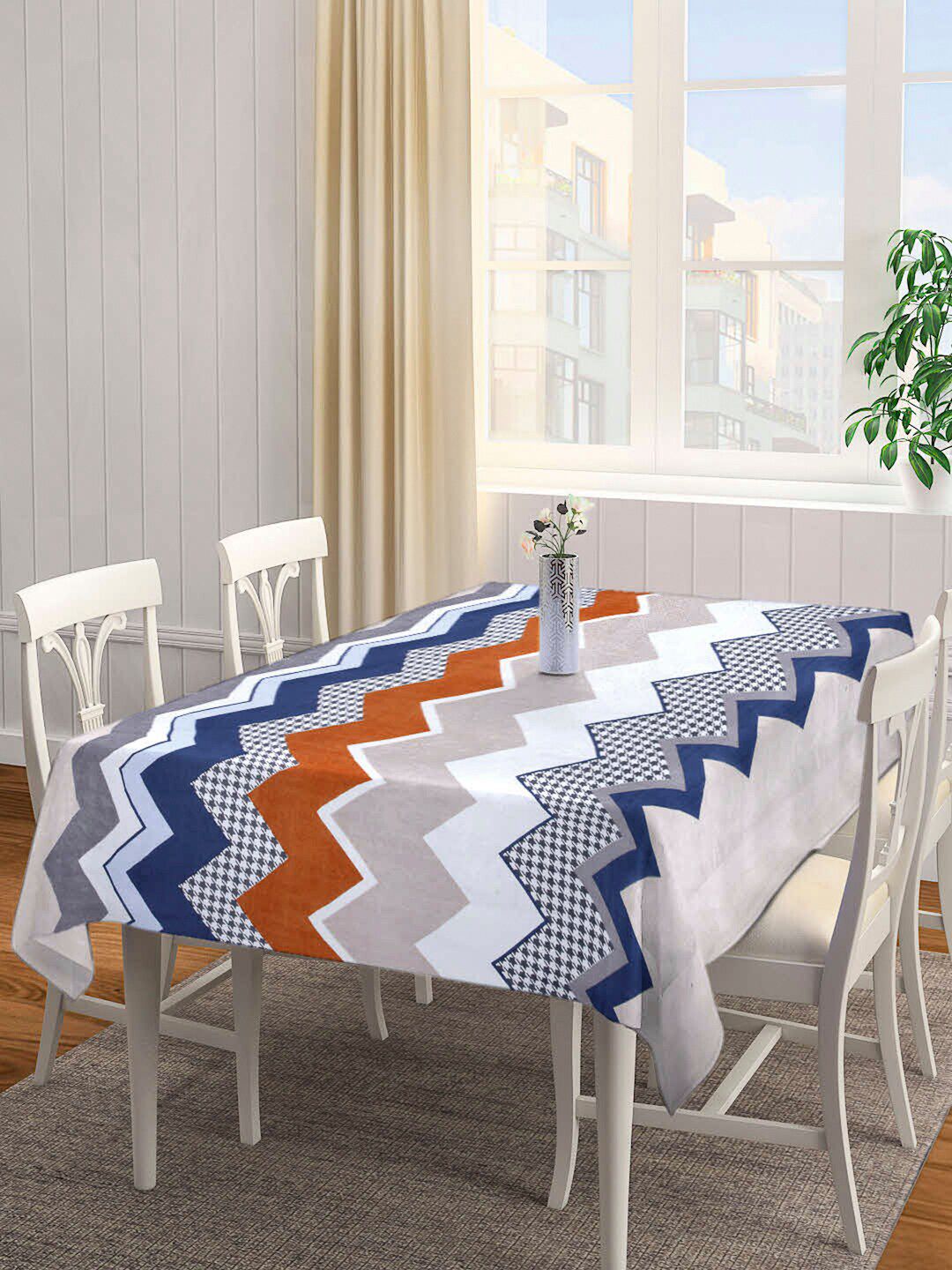 Arrabi White & Blue Geometric Printed 6-Seater Table Cover Price in India