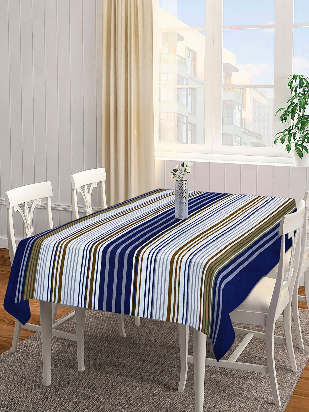 Arrabi Blue Striped 6-Seater Rectangle Cotton Table Cover Price in India