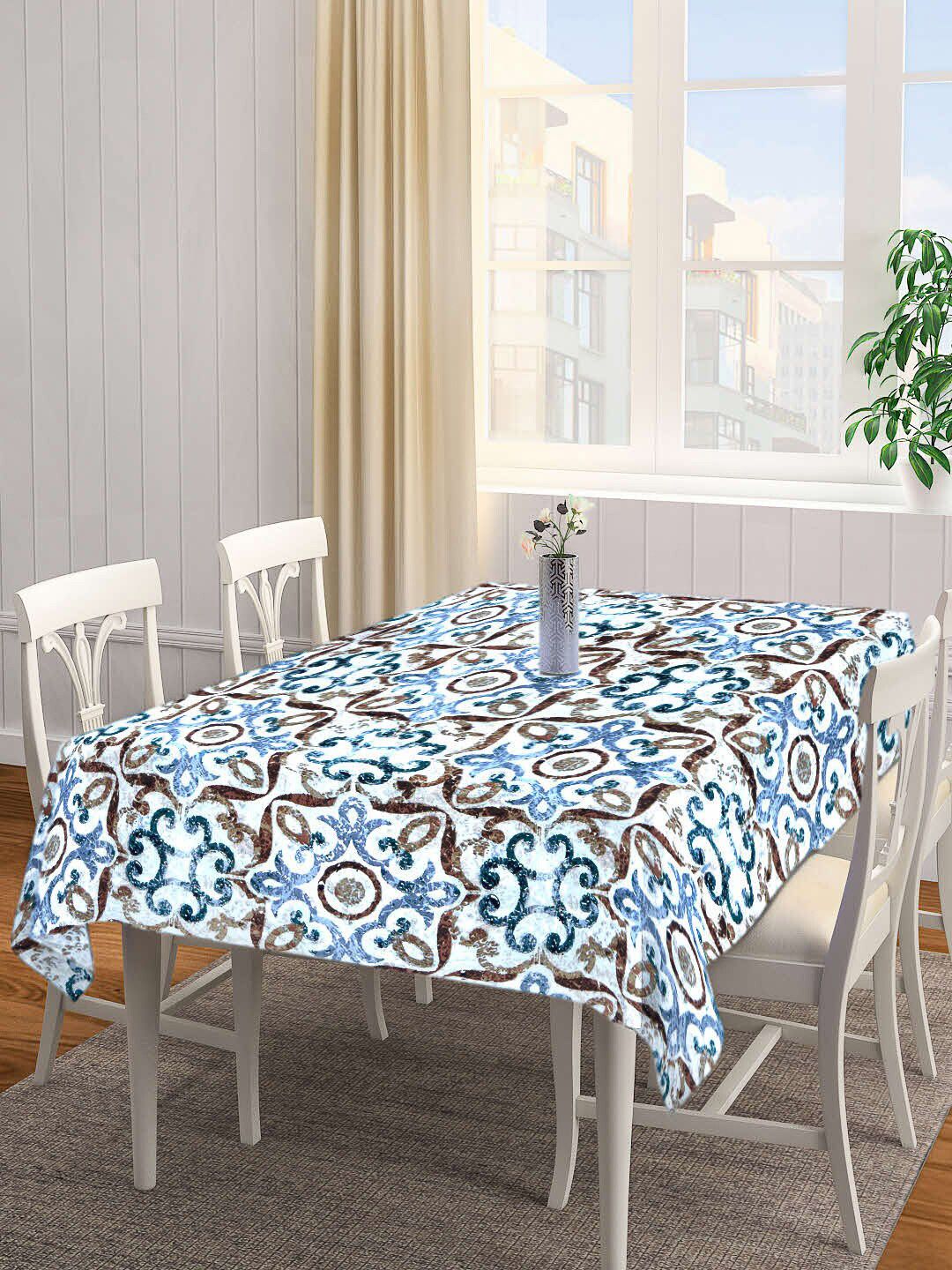 Arrabi  White & Blue Printed 8 Seater Rectangle Table Cover Price in India