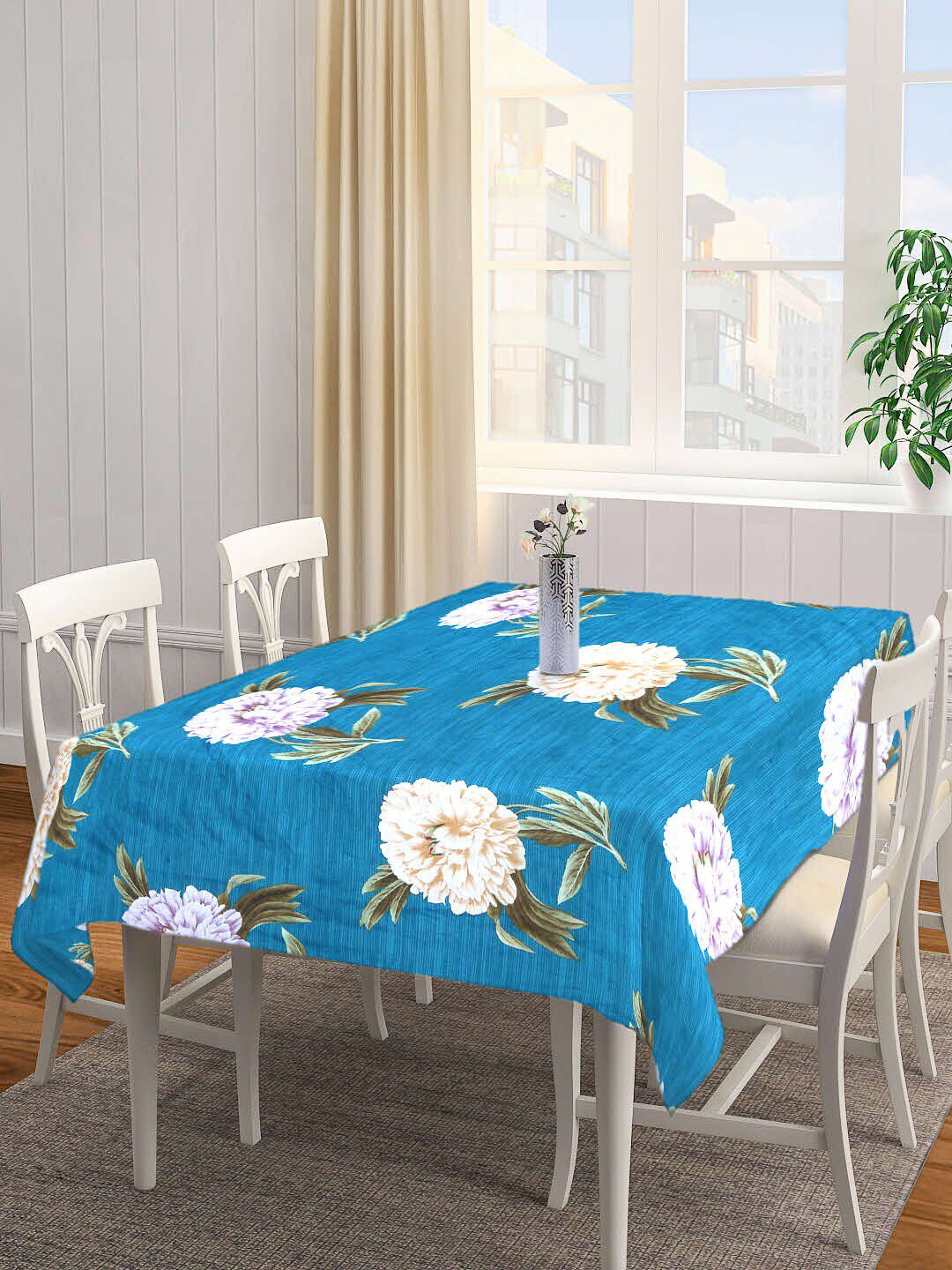 Arrabi Teal Blue Floral Printed 8-Seater Rectangle Cotton Table Cover Price in India