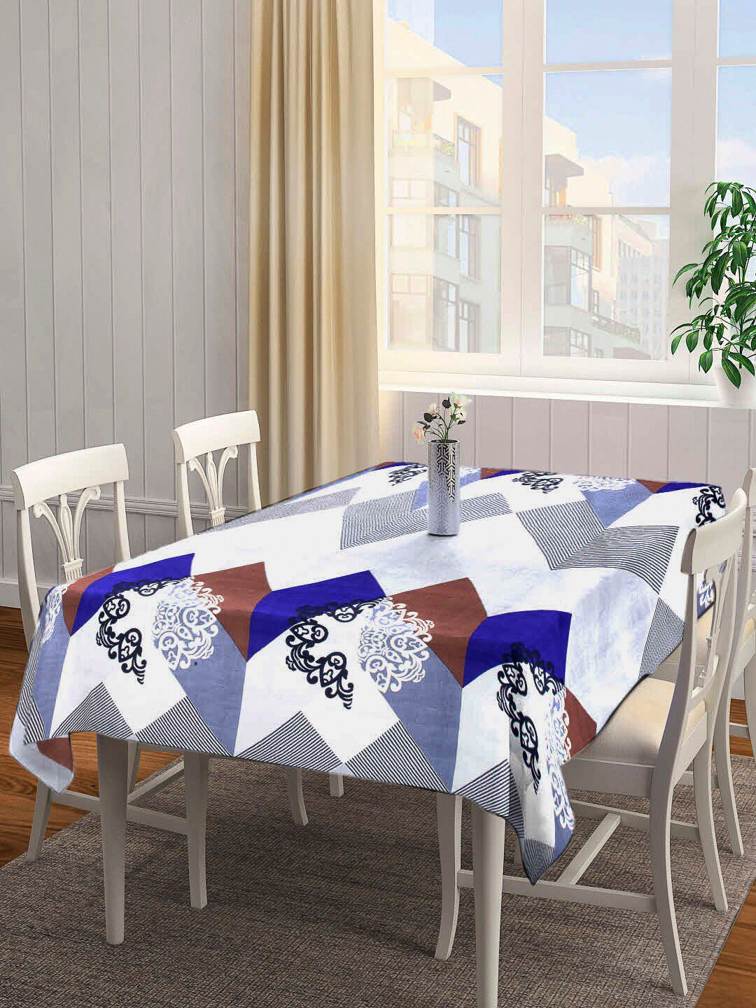 Arrabi White & Blue Cotton Printed 8 Seater Table Cover Price in India