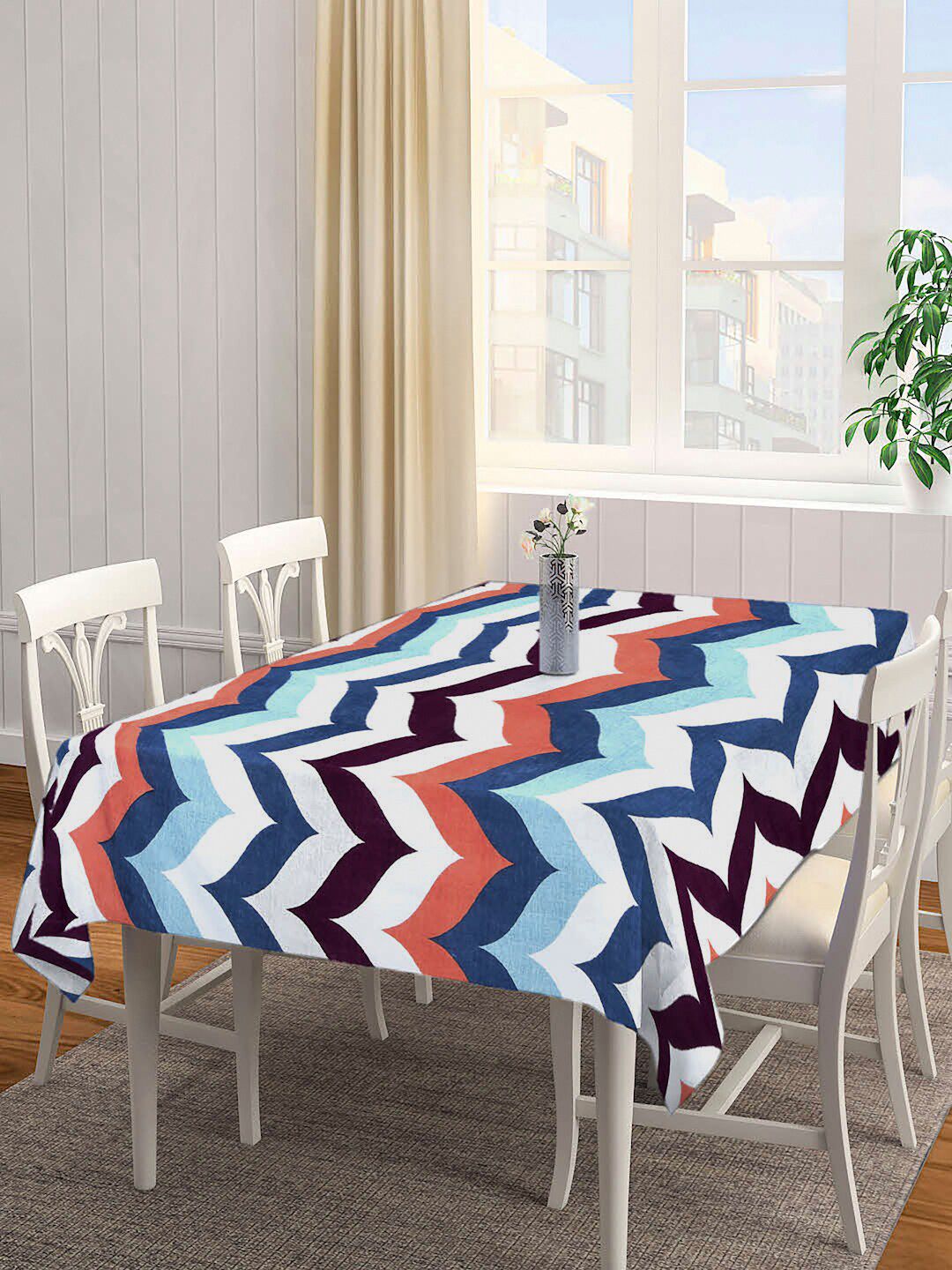 Arrabi Blue & White Printed 6-Seater Rectangle Table Cover Price in India