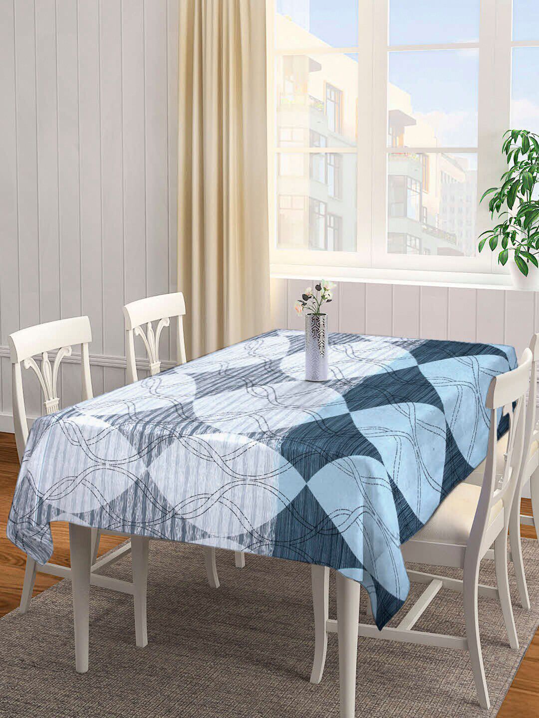 Arrabi Blue & Grey Geometric Printed Rectangle 6-Seater Table Cover Price in India