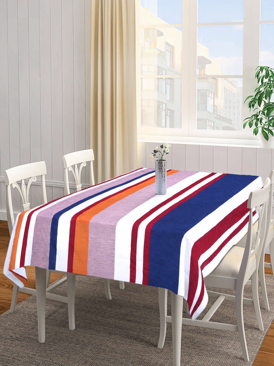 Arrabi White & Blue Striped 8-Seater Rectangle Cotton Table Cover Price in India