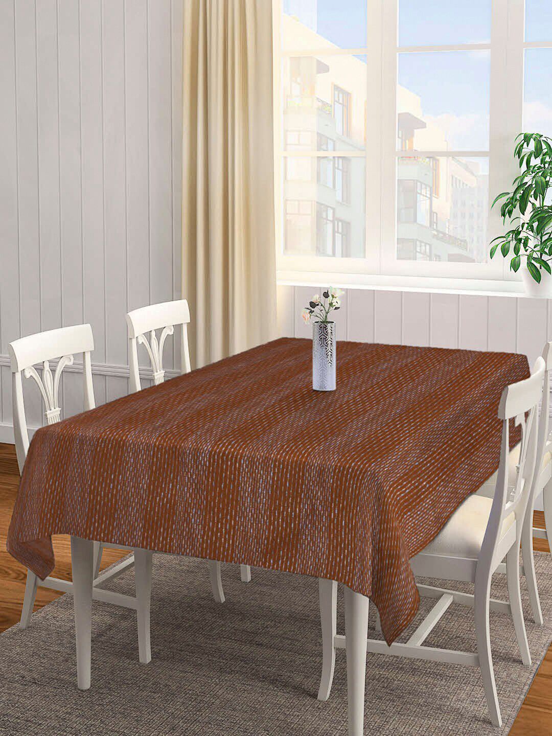 Arrabi  Brown & Blue Striped 8 Seater Rectangle Cotton Table Cover Price in India