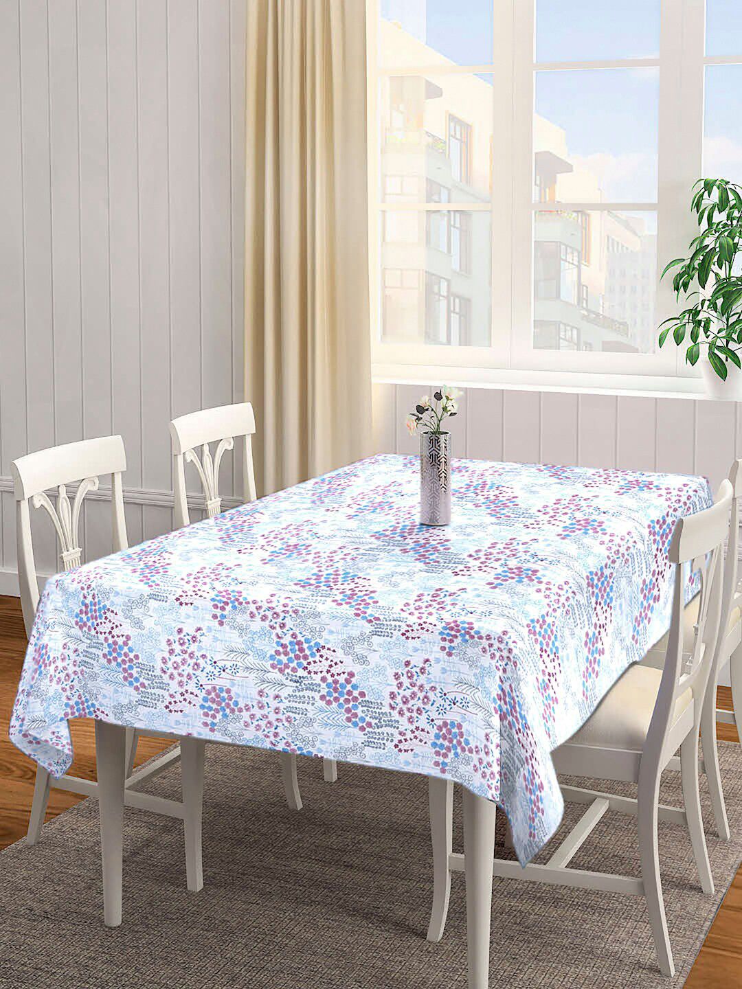 Arrabi White & Blue Floral Printed 6-Seater Rectangular Table Cover Price in India