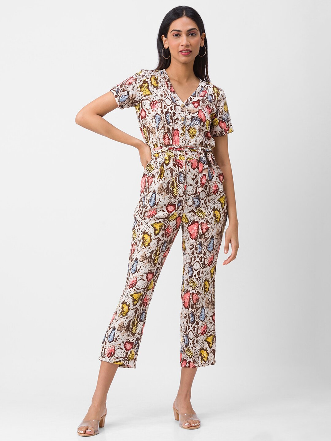 Globus Off White & Yellow Printed Basic Jumpsuit Price in India